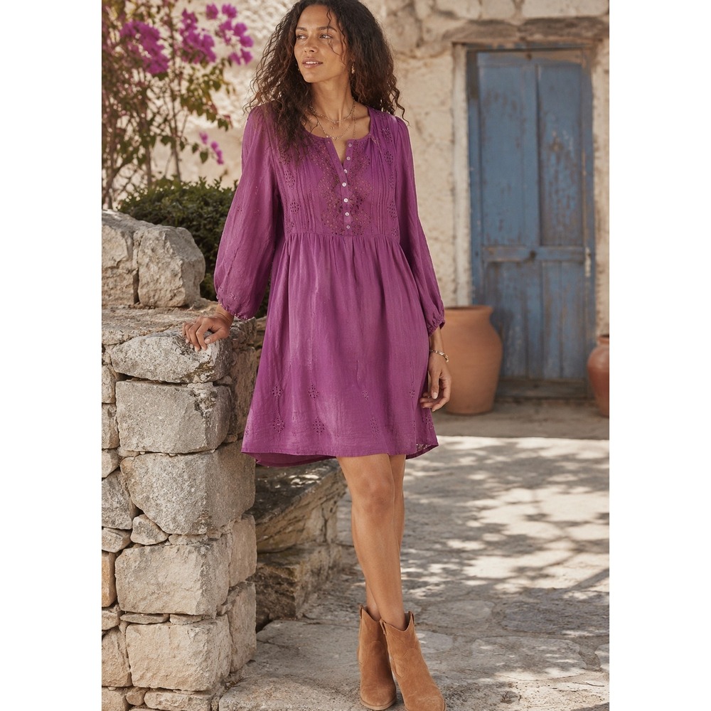 Sundance Purple Cotton Eyelet Babydoll Mini Dress Boho Embroidered Lace Trim- M